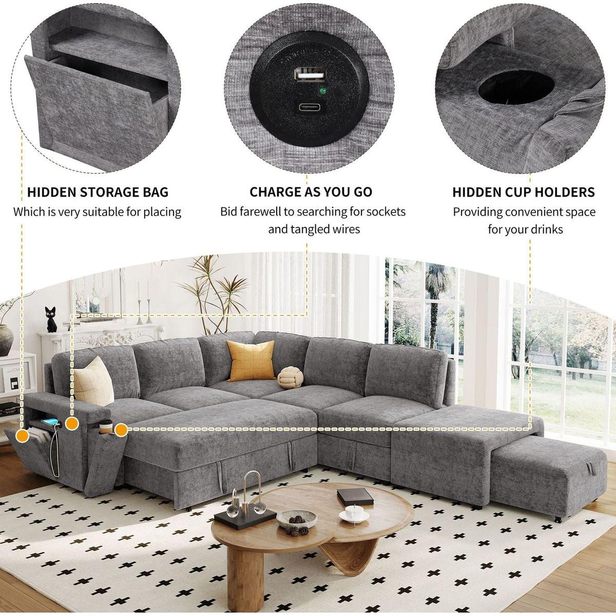 L-shaped Padded Modular Sofa with Storage Space, USB Ports, and Cup Holders on the Armrests, Suitable for Living Rooms, Offices, and Apartments.