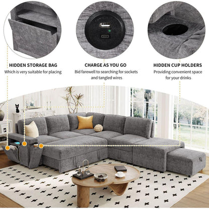 L-shaped Padded Modular Sofa with Storage Space, USB Ports, and Cup Holders on the Armrests, Suitable for Living Rooms, Offices, and Apartments.