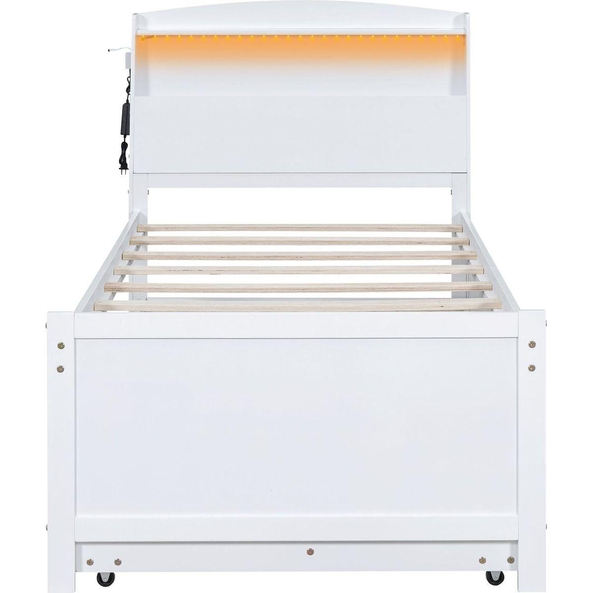 Twin Size Platform Bed with Storage LED Headboard, Twin Size Trundle and 3 Drawers, White
