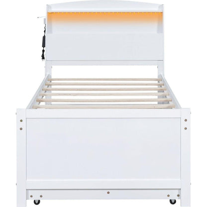 Twin Size Platform Bed with Storage LED Headboard, Twin Size Trundle and 3 Drawers, White