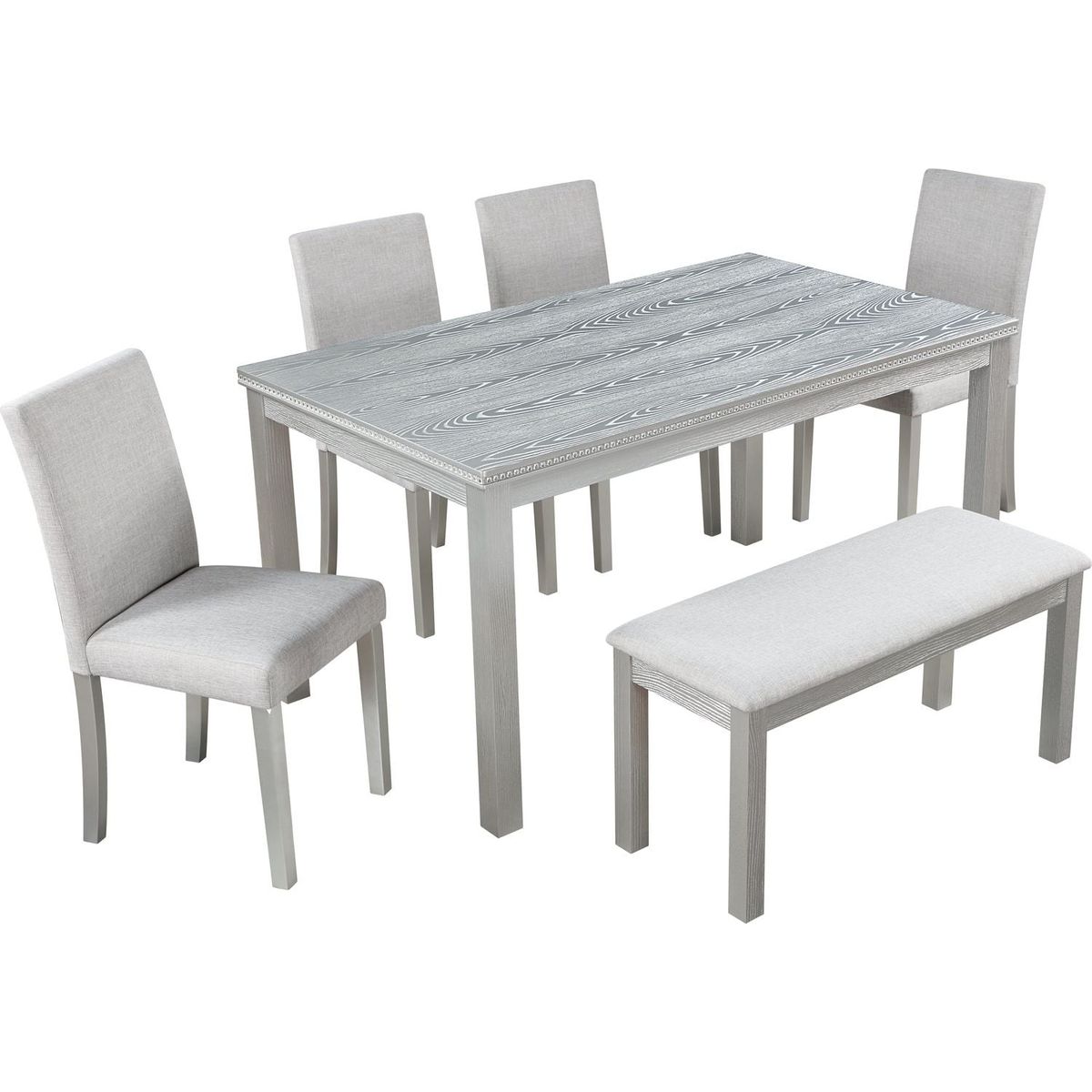 Wooden Dining Rectangular Table with Bench, Kitchen Table with Bench for Small Space, 6 Person Dining Table, Silver grey