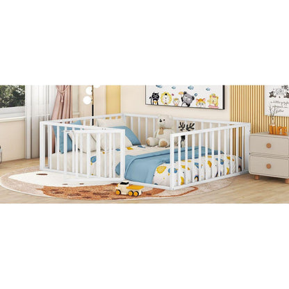 Full Size Metal Floor Bed Frame with Fence and Door, White