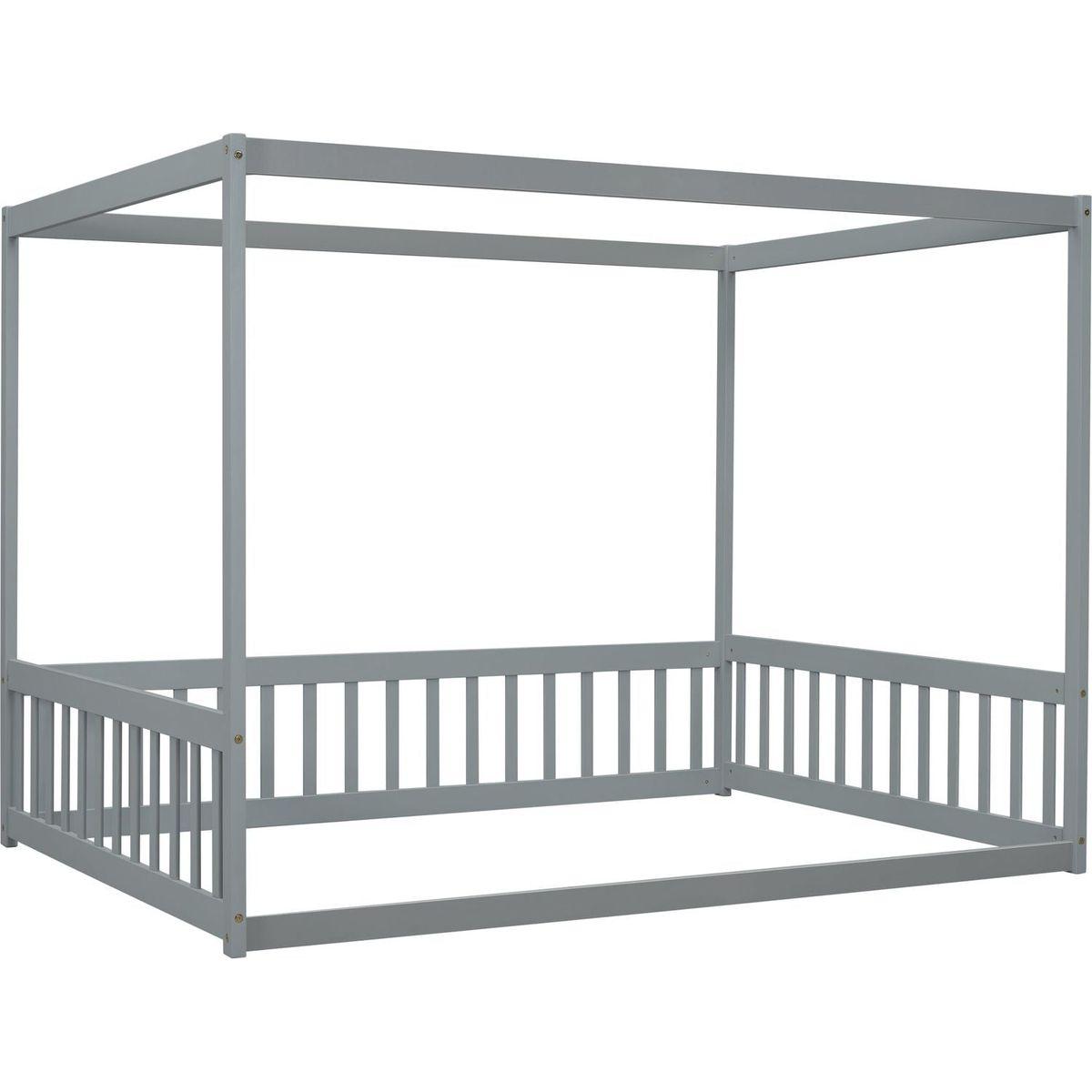Full Size Canopy Frame Floor Bed with Fence, Guardrails,Grey