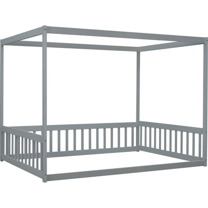 Full Size Canopy Frame Floor Bed with Fence, Guardrails,Grey