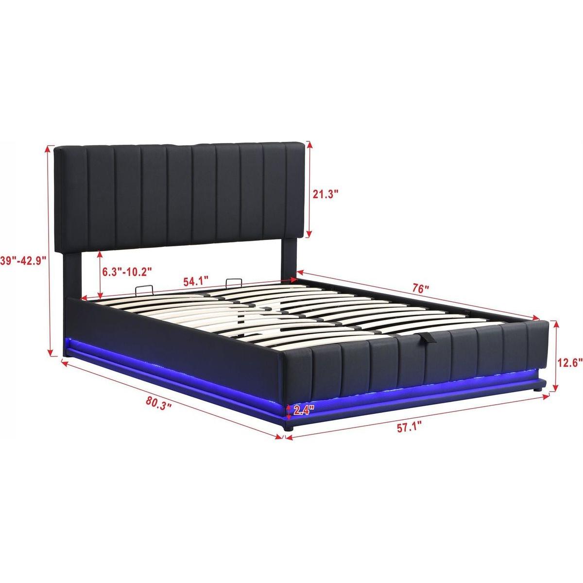 Full Size Upholstered Bed with Hydraulic Storage System and LED Light, Modern Platform Bed with Sockets and USB Ports, Black