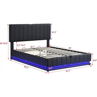 Full Size Upholstered Bed with Hydraulic Storage System and LED Light, Modern Platform Bed with Sockets and USB Ports, Black
