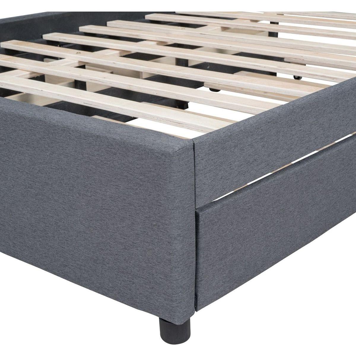 Full Size Upholstered Platform Bed with 2 Drawers and 1 Twin Size Trundle, Classic Headboard Design, Gray