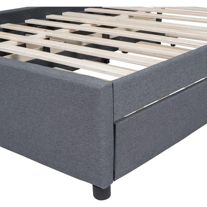 Full Size Upholstered Platform Bed with 2 Drawers and 1 Twin Size Trundle, Classic Headboard Design, Gray
