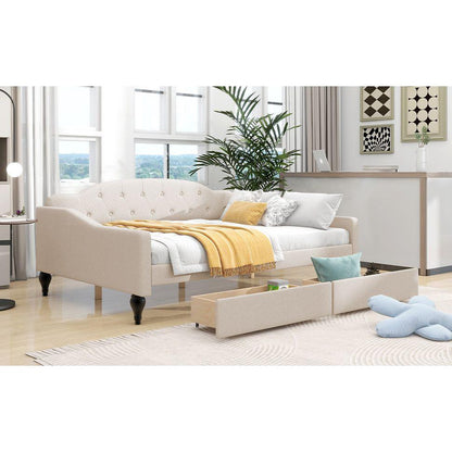 Full Size Upholstered Tufted Daybed with Two Drawers, Beige