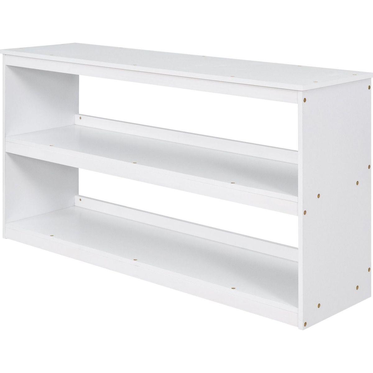 Low Study Full Loft Bed with Cabinet, Shelves and Rolling Portable Desk, Multiple Functions Bed- White