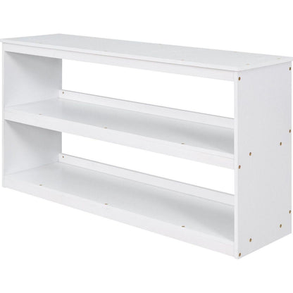 Low Study Full Loft Bed with Cabinet, Shelves and Rolling Portable Desk, Multiple Functions Bed- White