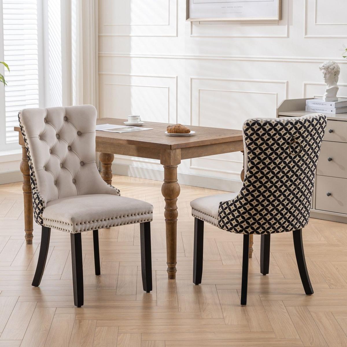 Classic Velvet Dining Chairs, High-end Tufted Solid Wood Contemporary Velvet Upholstered Dining Chair with Wood Legs Nailhead, SET OF 2,Beige and Patterned