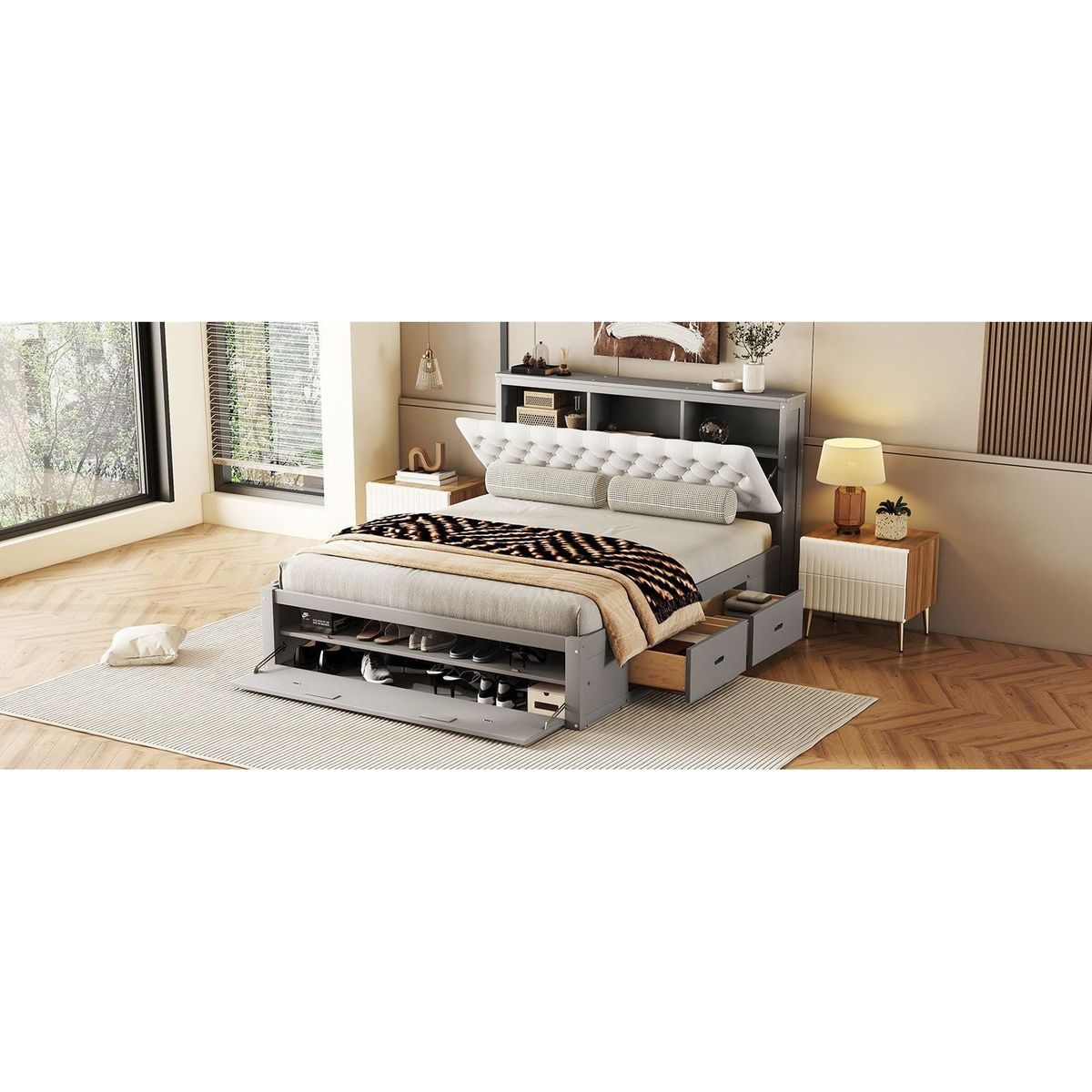 Wood Queen Size Platform Bed with Storage Headboard, shoe rack and 4 drawers,Gray