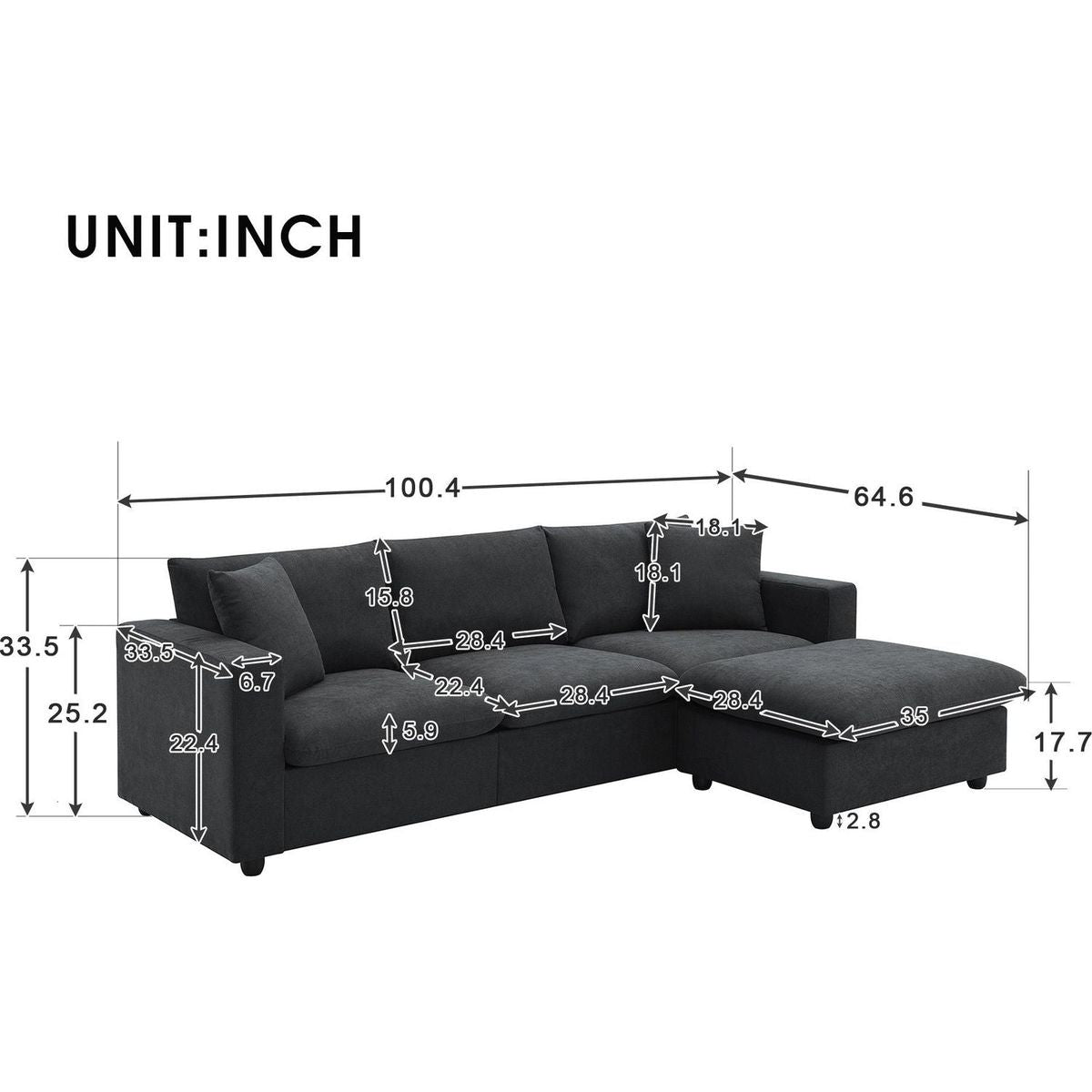 100.4x64.6" Modern Sectional Sofa,L-shaped Couch Set with 2 Free pillows,4-seat Polyester Fabric Couch Set with Convertible Ottoman for Living Room, Apartment, Office,4 Colors