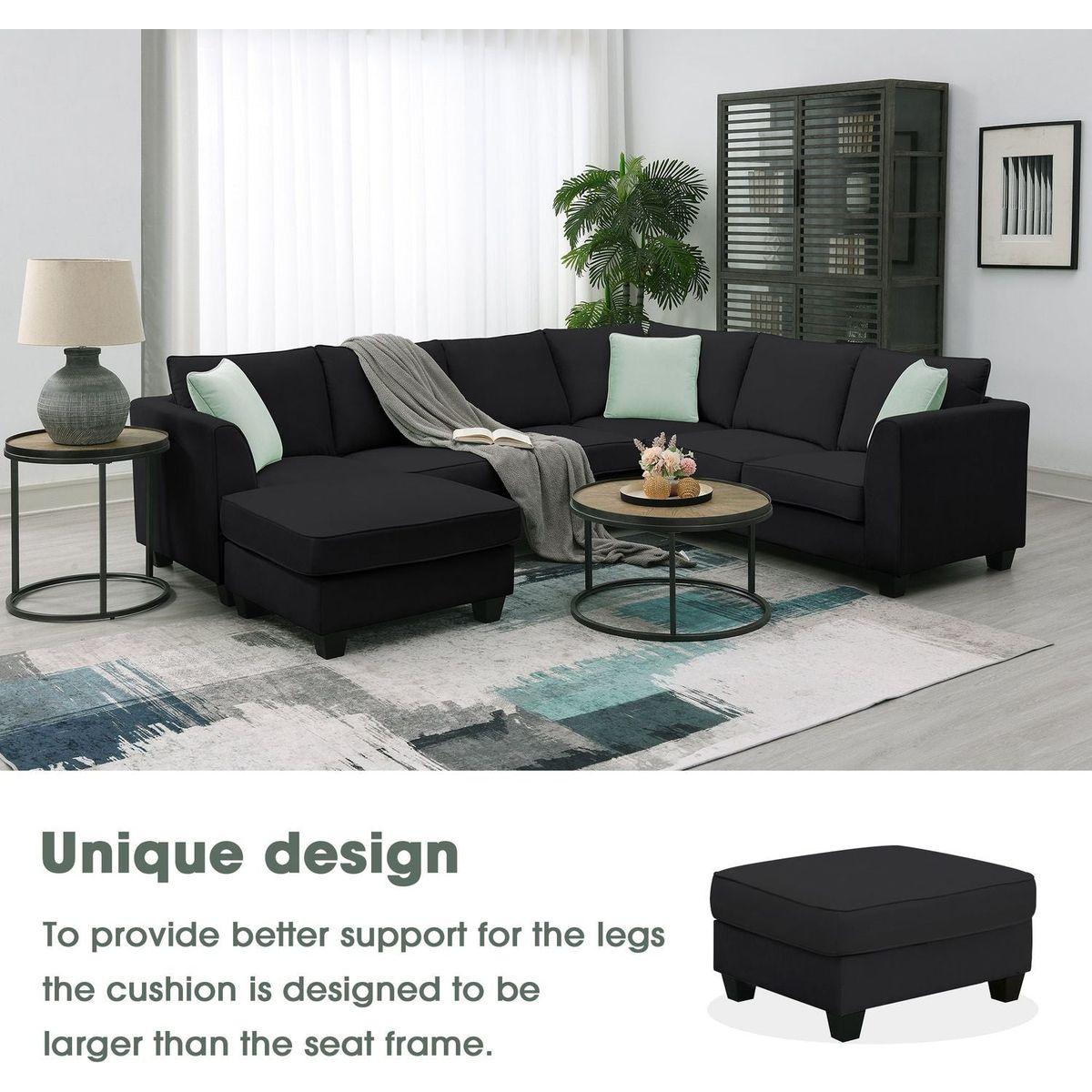 112x87" Sectional Sofa Couches Living Room Sets, 7 Seats Modular Sectional Sofa with Ottoman, L Shape Fabric Sofa Corner Couch Set with 3 Pillows, Black(New of GS008210AAB)