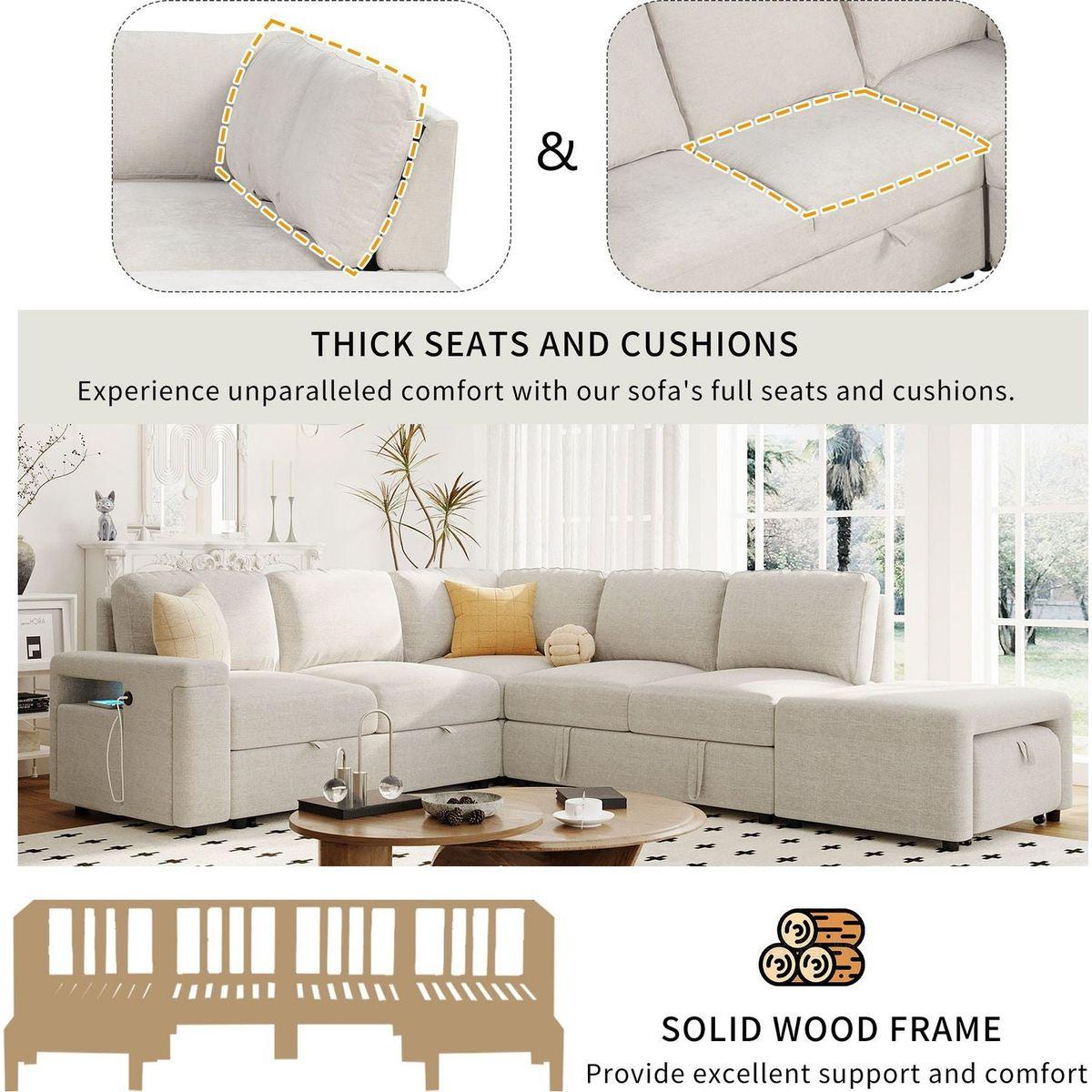 L-shaped Padded Modular Sofa with Storage Space, USB Ports, and Cup Holders on the Armrests, Suitable for Living Rooms, Offices, and Apartments.