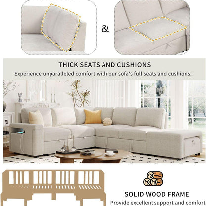 L-shaped Padded Modular Sofa with Storage Space, USB Ports, and Cup Holders on the Armrests, Suitable for Living Rooms, Offices, and Apartments.