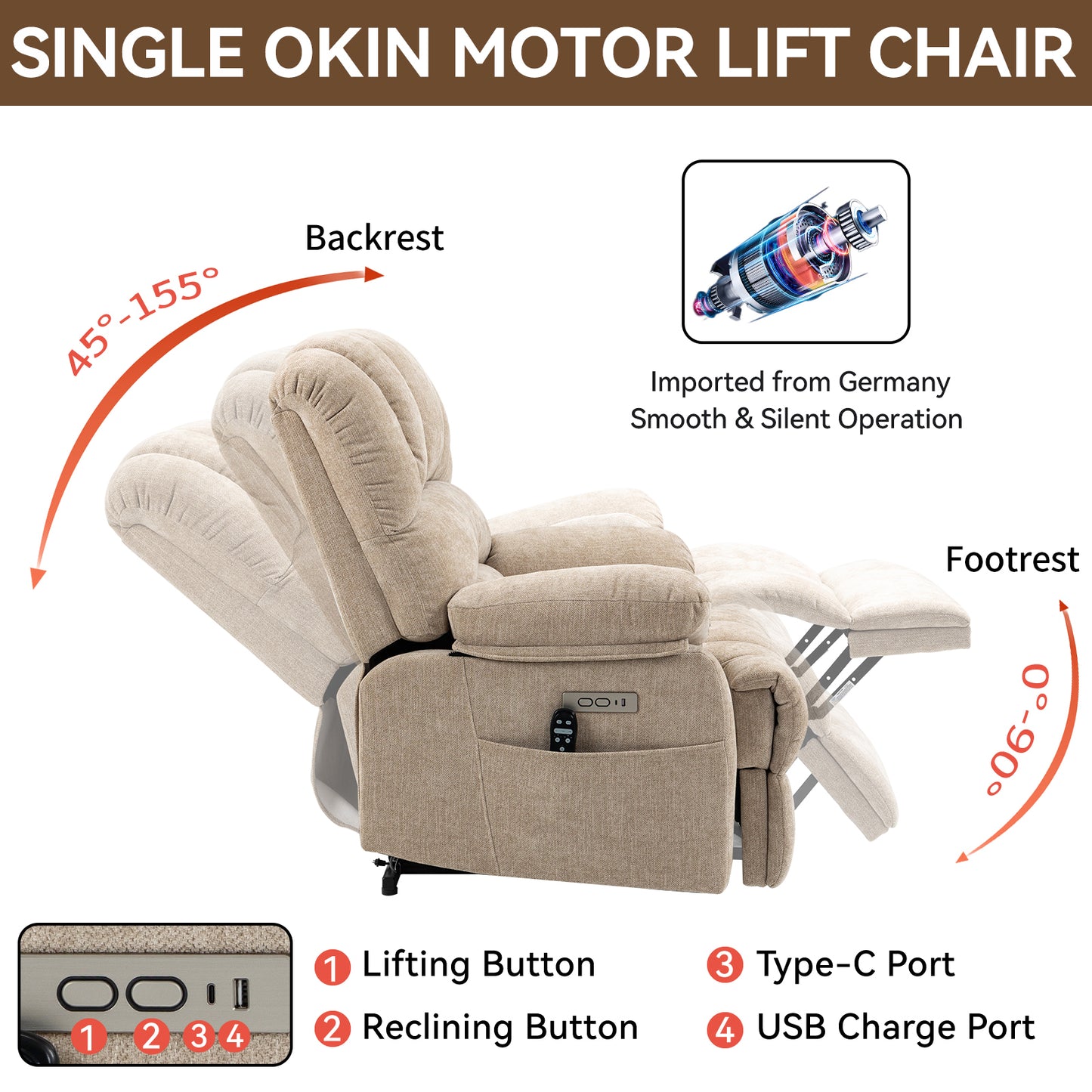 23" Seat Width and High Back Large Size Beige Chenille Power Lift Recliner Chair with 8-Point Vibration Massage and Lumbar Heating