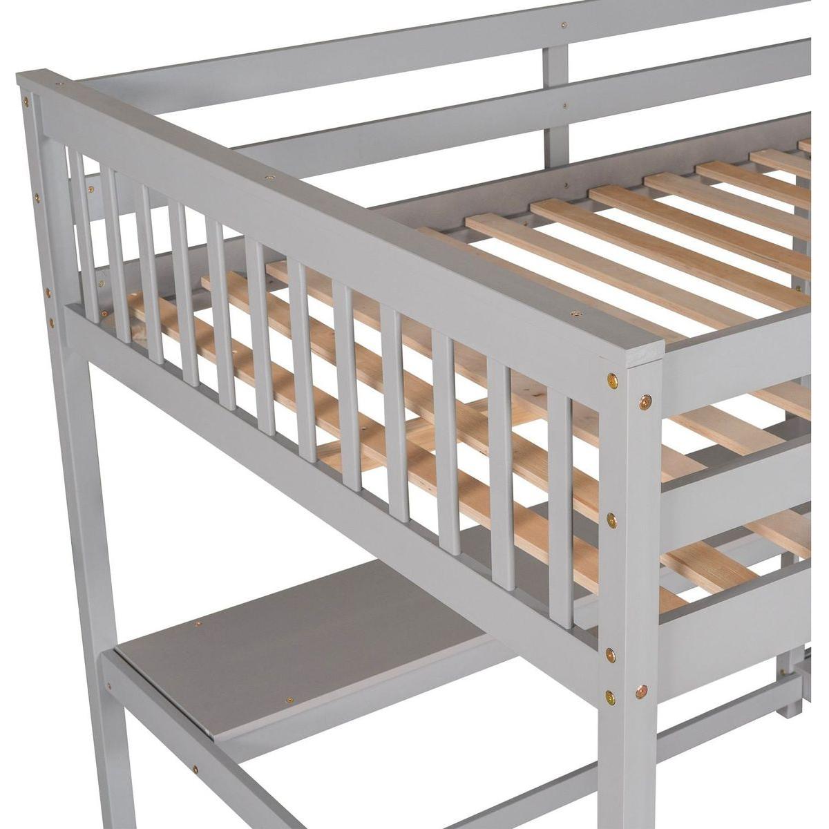 Full Size Loft Bed with Storage Shelves and Under-bed Desk, Gray