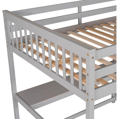Full Size Loft Bed with Storage Shelves and Under-bed Desk, Gray