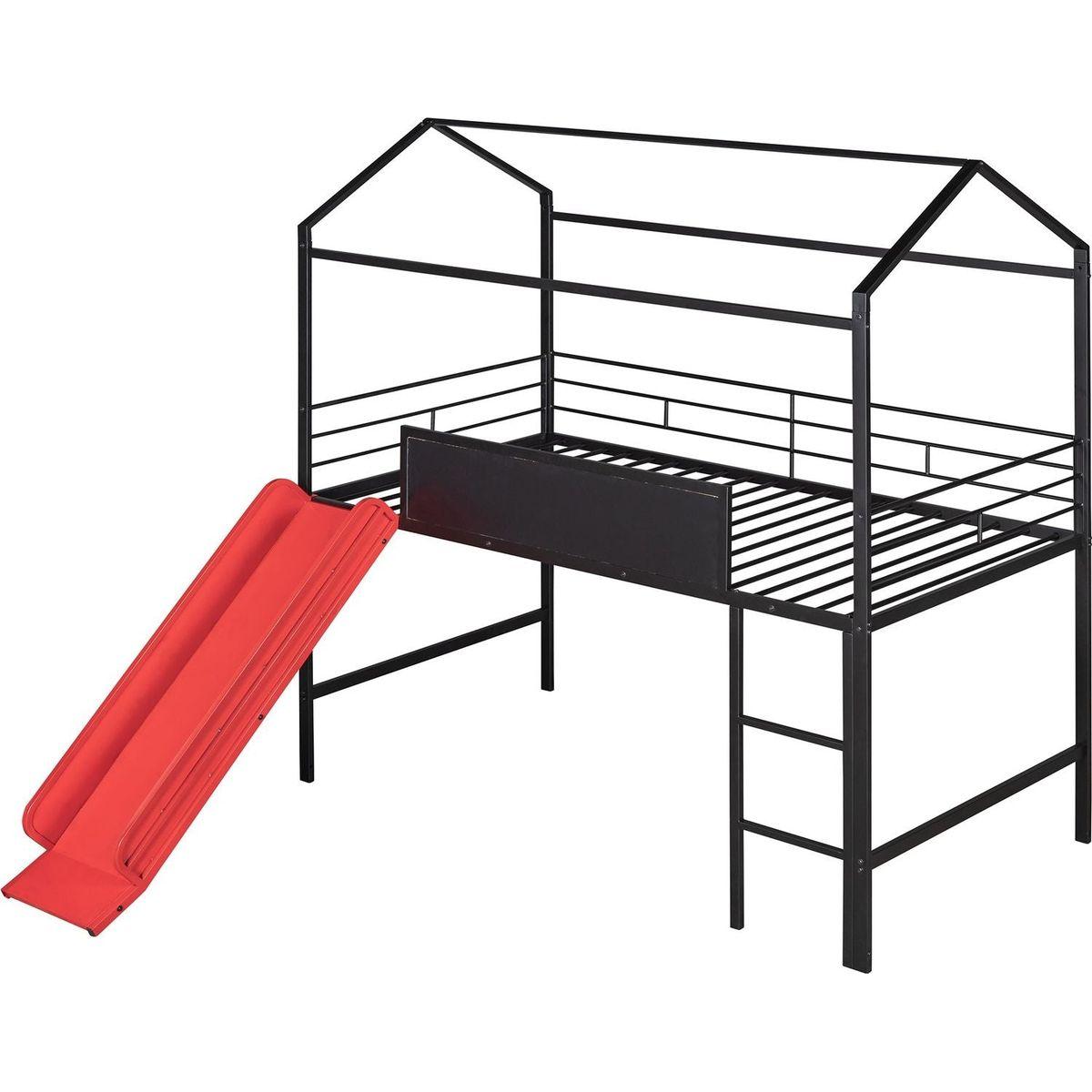 Metal House Bed With Slide, Twin Size Metal Loft Bed with Two-sided writable Wooden Board (Black and Red)