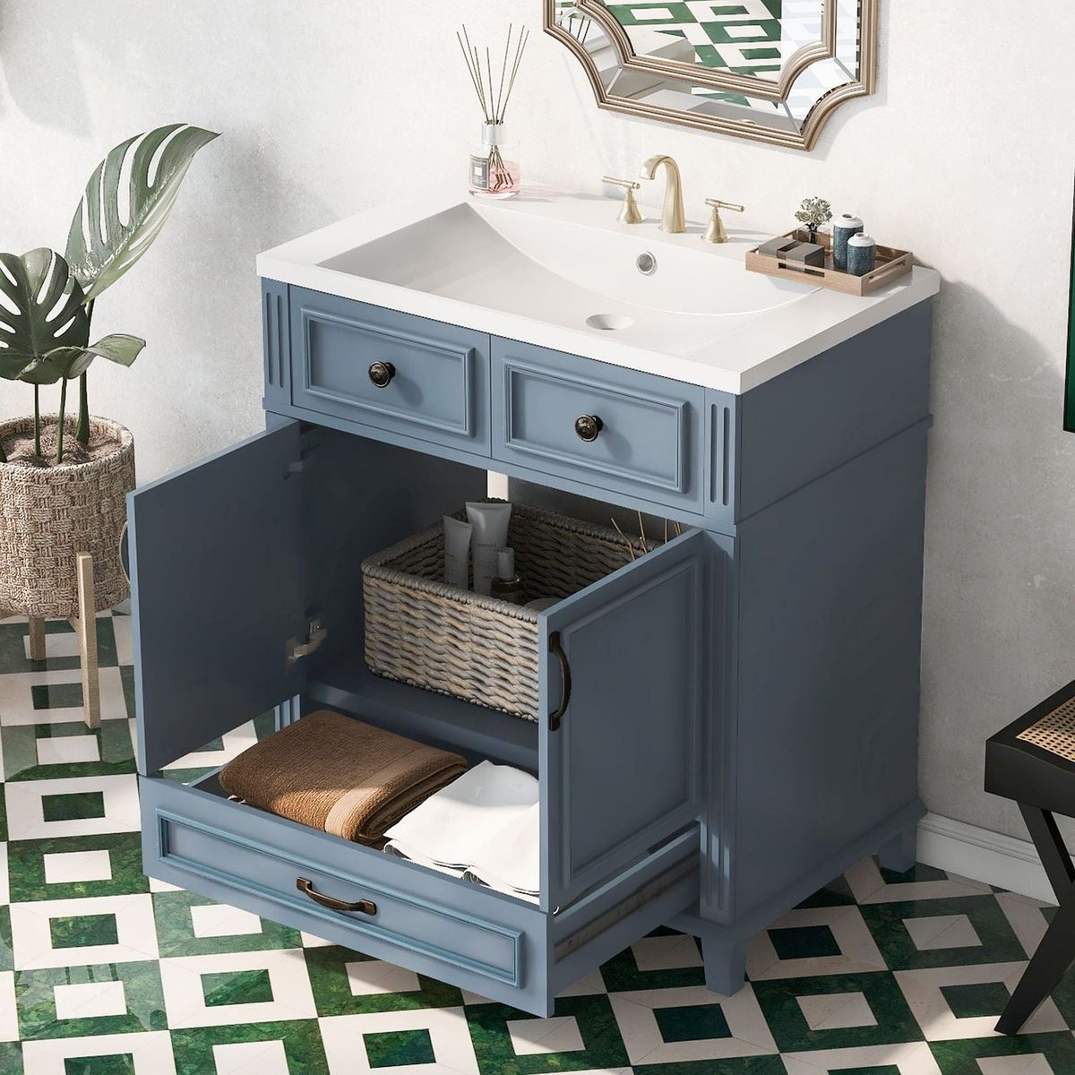 30" Bathroom Vanity with Resin Sink,Solid Wood Frame Bathroom Storage Cabinet with Soft Closing Doors,Retro Style, Blue