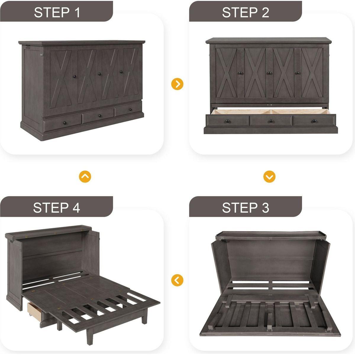 Solid Pine Murphy Bed Chest Cube Cabinet Bed with Charging Station and Large Storage Drawer for Home Office or Small Room,Full,Gray