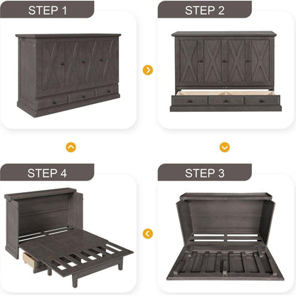 Solid Pine Murphy Bed Chest Cube Cabinet Bed with Charging Station and Large Storage Drawer for Home Office or Small Room,Full,Gray