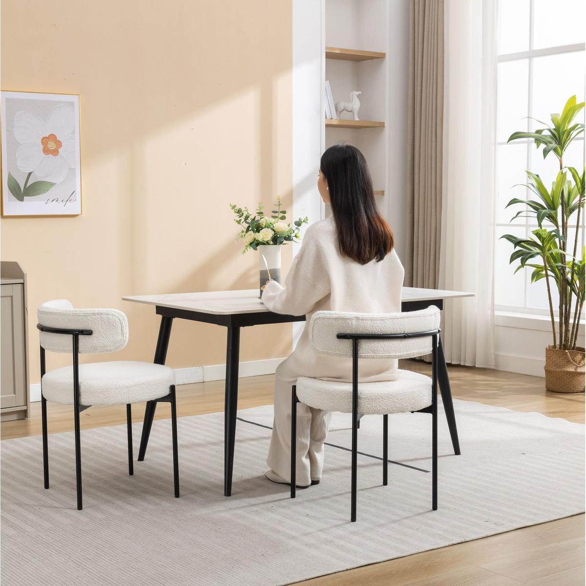 Burbank Modern Round Boucle Dining Chairs, Set of 2, White