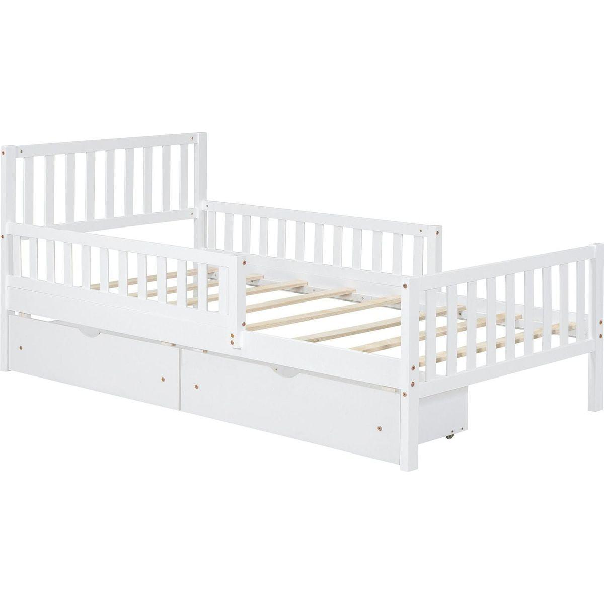 Twin Size Wood Platform Bed with Guardrails on Both Sides and Two Storage Drawers, White
