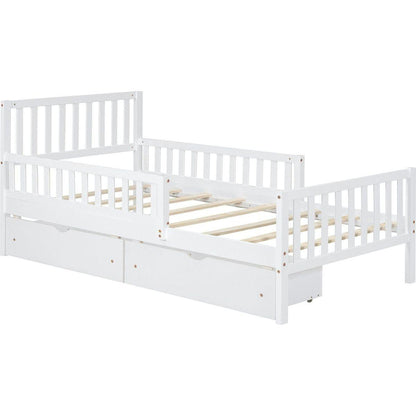Twin Size Wood Platform Bed with Guardrails on Both Sides and Two Storage Drawers, White