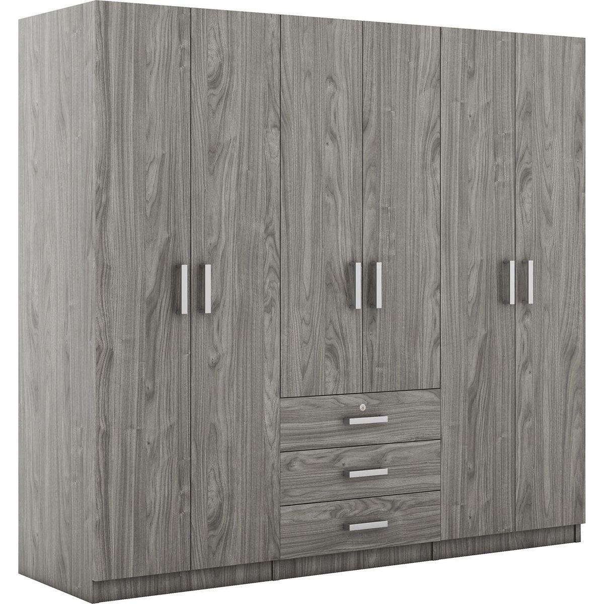 6-Doors Wooden Wardrobe Storage for Bedroom, with Big Drawers, Gray
