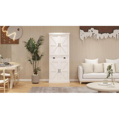71" Kitchen Pantry Storage Cabinet with 4 Doors(2Doors with Racks),1 Drawer, 2 Adjustable Shelves, Freestanding Cupboard for Kitchen, Dining Room and Living Room-White