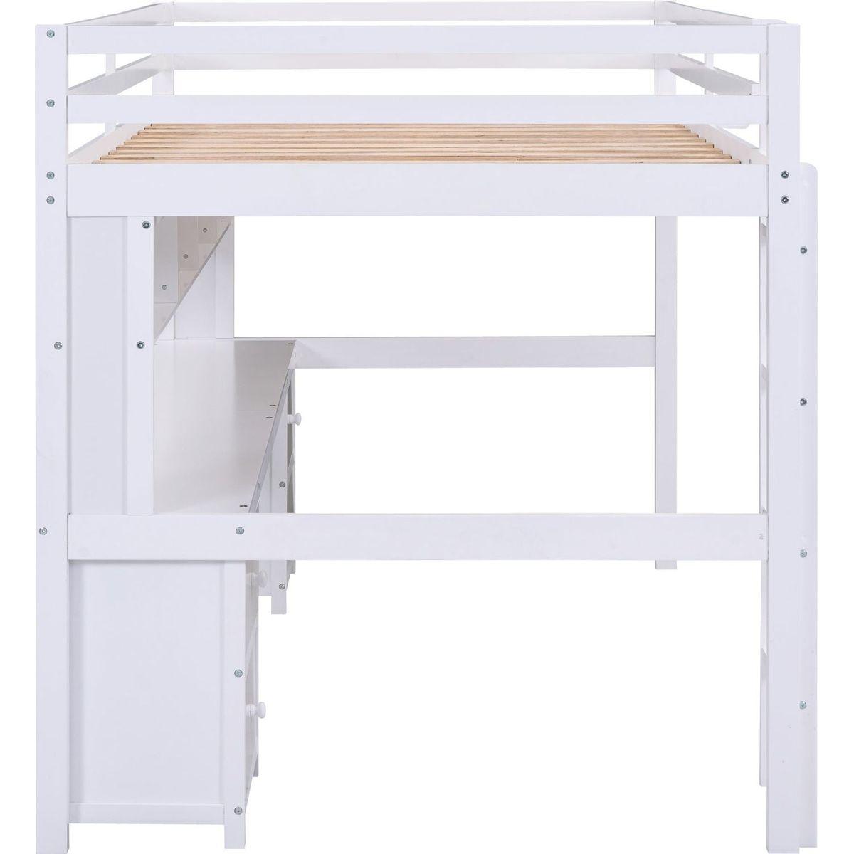 Full Size Loft Bed with Desk, Cabinets, Drawers and Bedside Tray, Charging Station, White