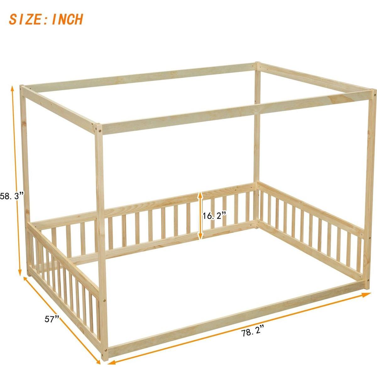Full Size Canopy Frame Floor Bed with Fence, Guardrails,Natural