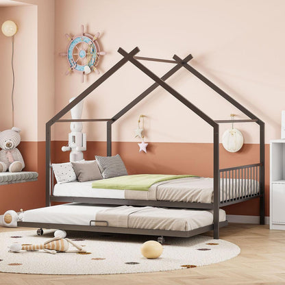 Full Size Metal House Bed with Twin Size Trundle, Black