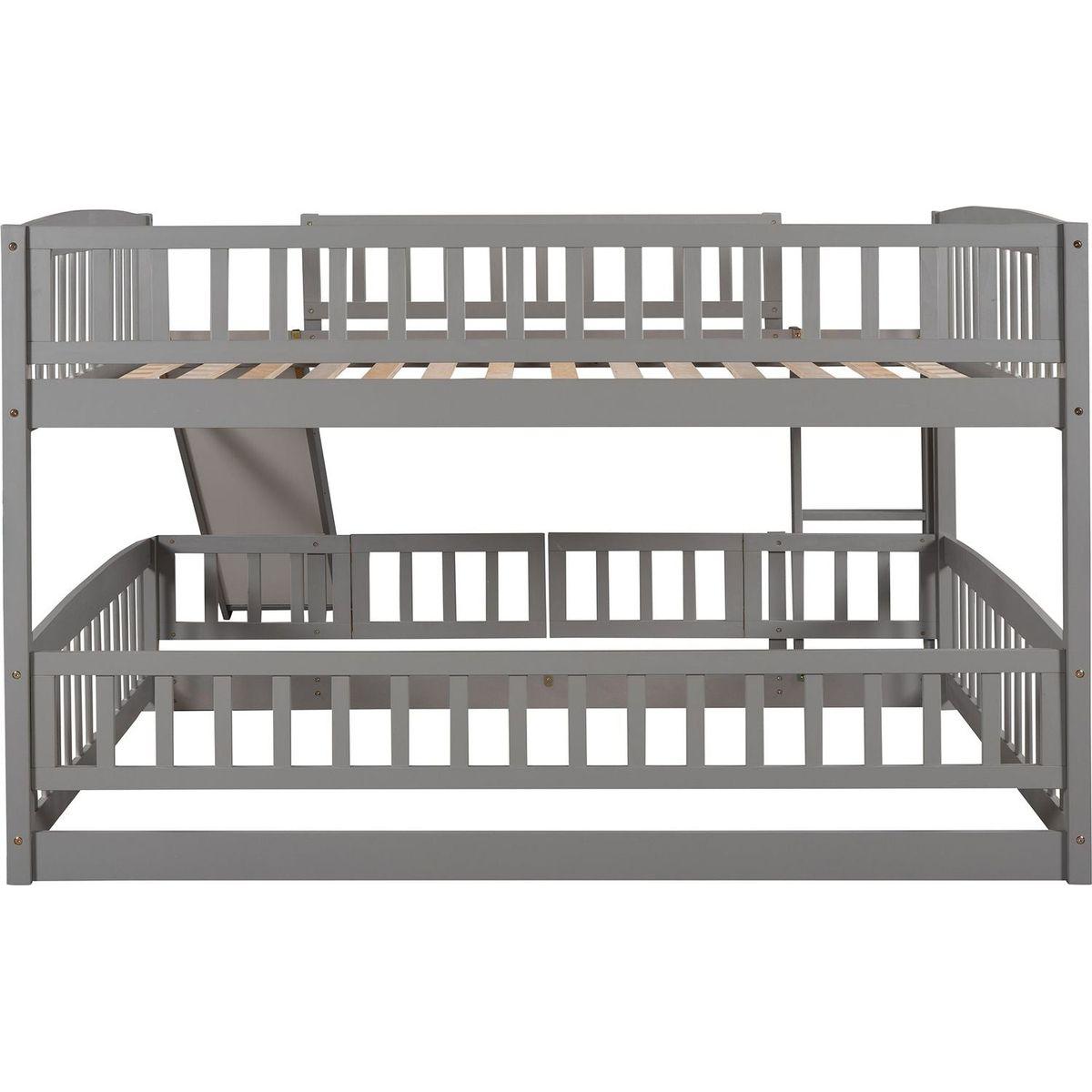 Bunk Bed with Slide,Full Over Full Low Bunk Bed with Fence and Ladder for Toddler Kids Teens Gray