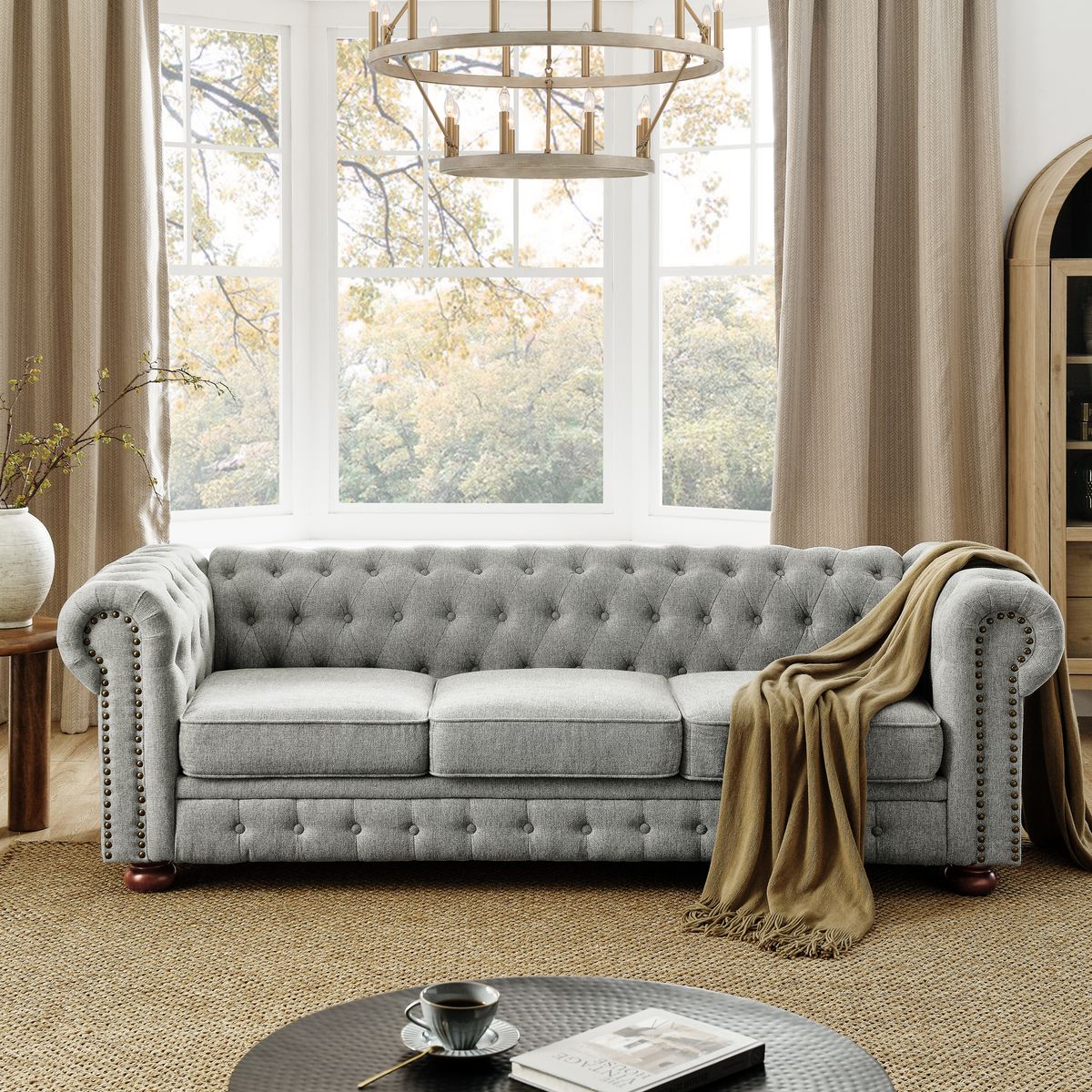 Chesterfield Sofa Tufted Linen Upholstered 3-Seater Sofa Scrolled Arms with Nailhead Decoration, Gray (88.5''x37''x28'')
