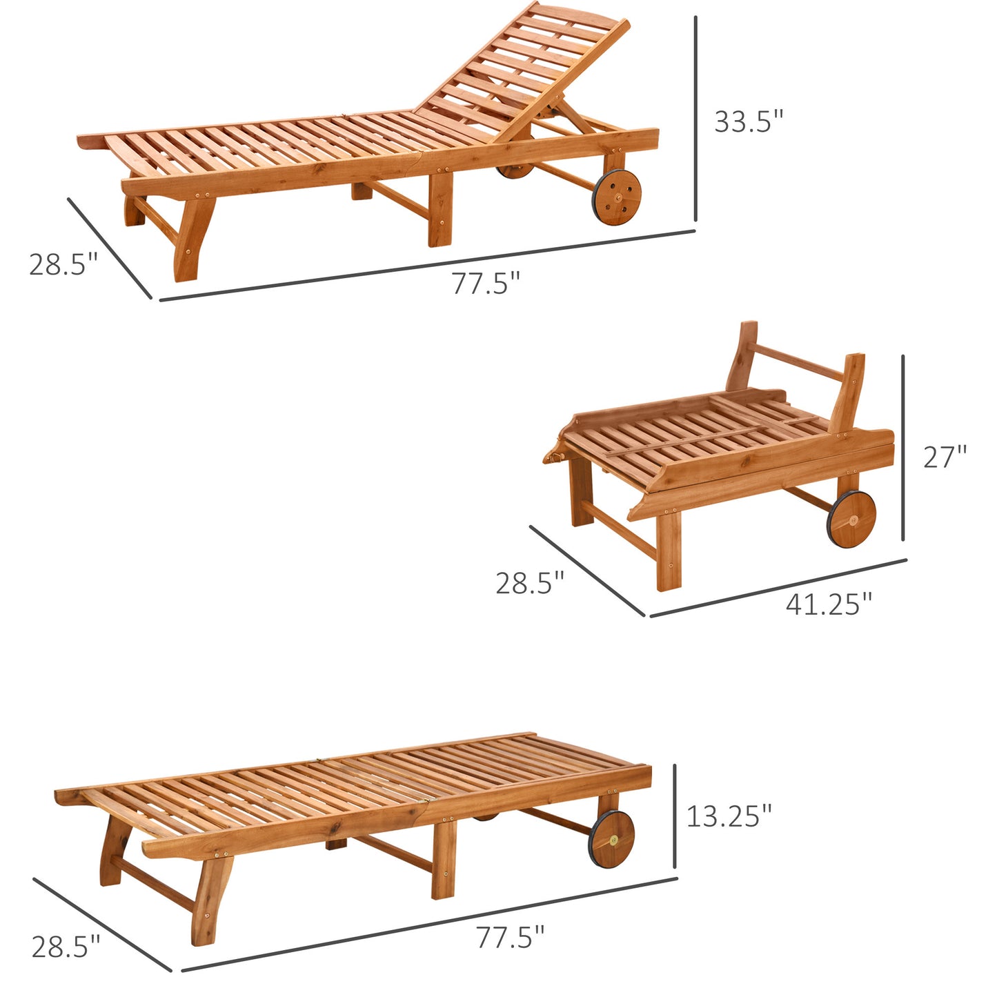 Outdoor Folding Chaise Lounge Chair Recliner with Wheels, Acacia Wood Frame - Teak Color