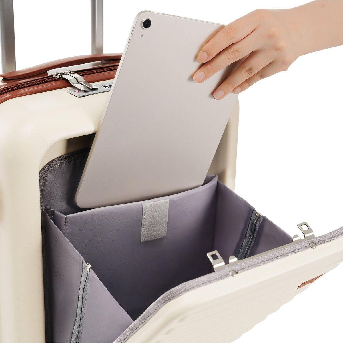 Front Opening 20-Inch Carry-On Luggage with Expandable Travel Bag Set, ABS Hard Shell Two-piece suitcase set with USB Port, Cup Holder, ivory and brown