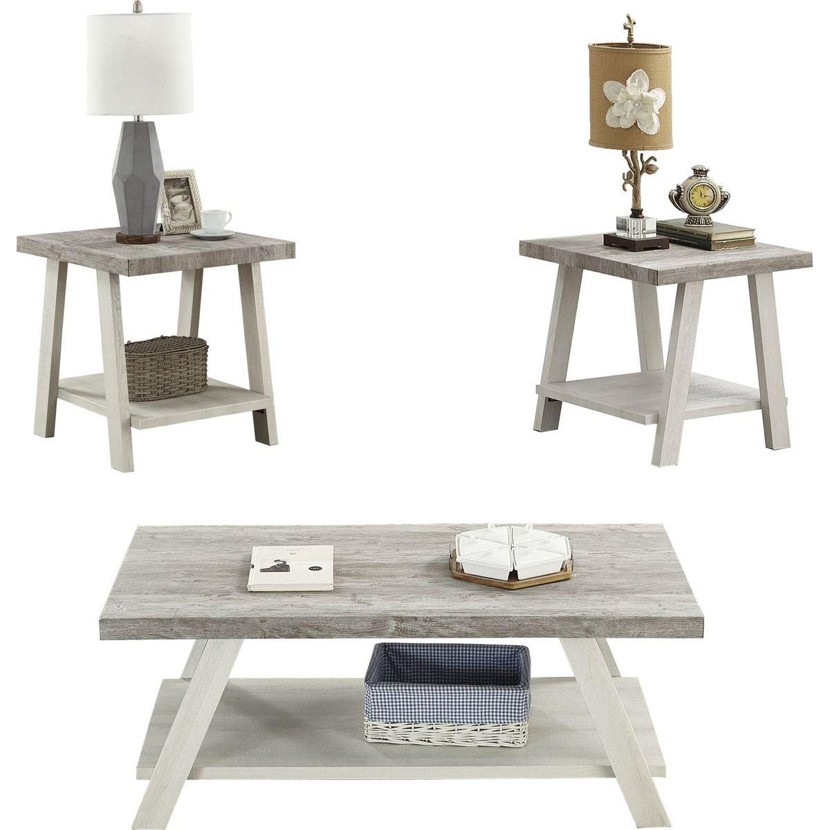 Athens Contemporary 3-Piece Wood Shelf Coffee Table Set in Weathered Gray and Beige