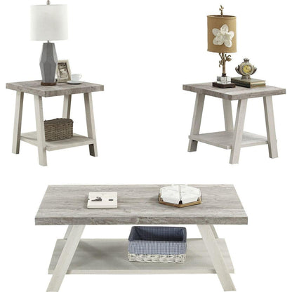 Athens Contemporary 3-Piece Wood Shelf Coffee Table Set in Weathered Gray and Beige