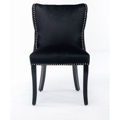 Set of 2 Black Velvet upholstered wing-back dining chair with backstitching nailhead trim and solid wood legs