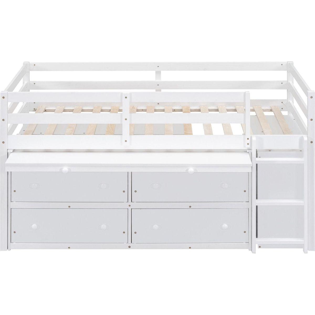 Twin Size Loft Bed with Retractable Writing Desk and 4 Drawers, Wooden Loft Bed with Lateral Portable Desk and Shelves, White