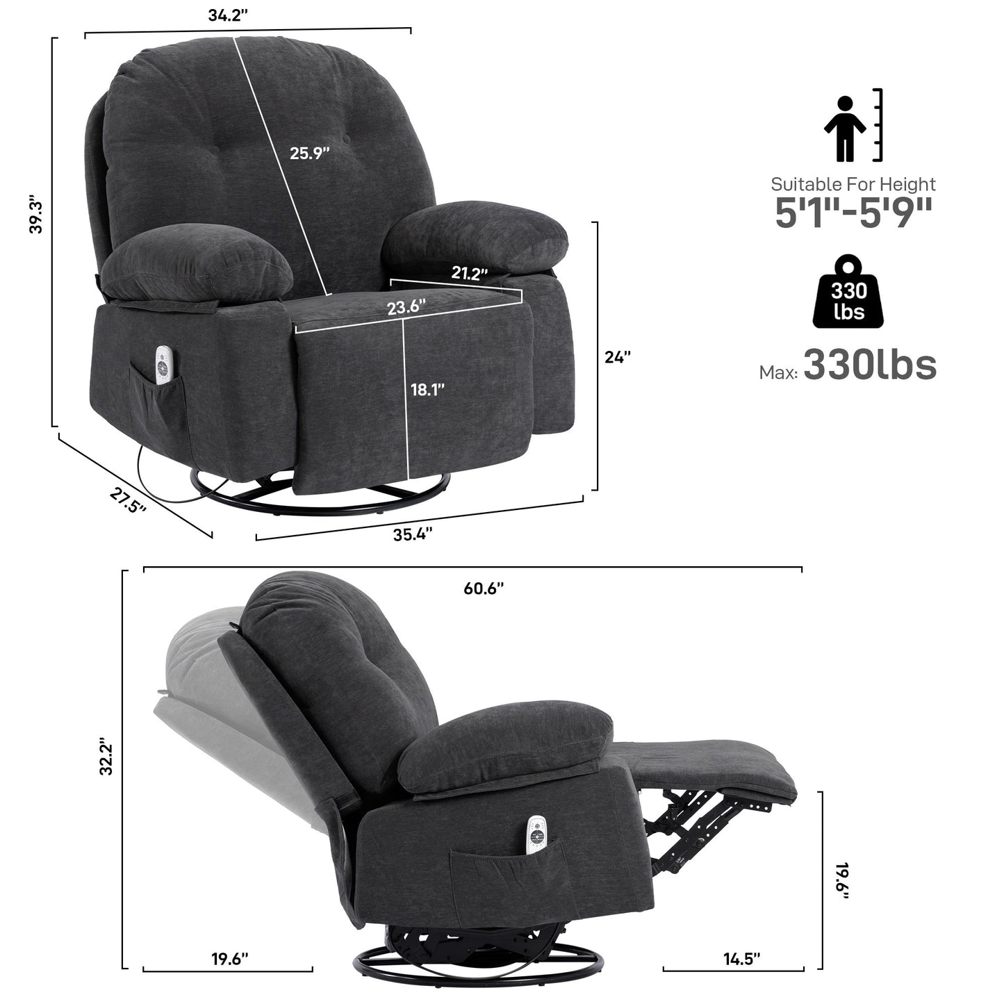 Modern Chenille Recliner Chairs Swivel Massage Rocker Recliner with Heat