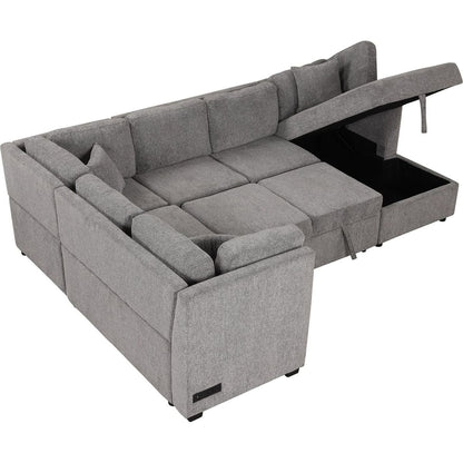 108.6" U-shaped Sectional Sofa Pull out Sofa Bed with Two USB Ports, Two Power Sockets, Three Back Pillows and a Storage Chaise for Living Room, Light Gray
