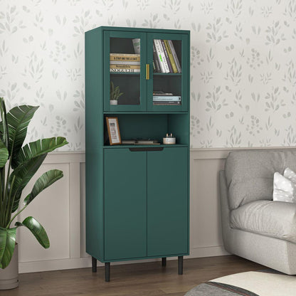 Tall Storage Show Cabinet with 2 Glass Display Door & 2 Doors, Tall Kitchen Pantry Cabinet with Gold Handles, Modern Cabinet Freestanding for Bathroom, Dining Living Room, Green