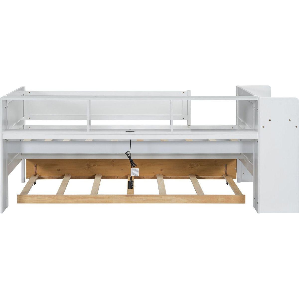Multi-Functional Twin Daybed with Drawers and Trundle, Headboard Storage and Tables, USB Charging Station, White