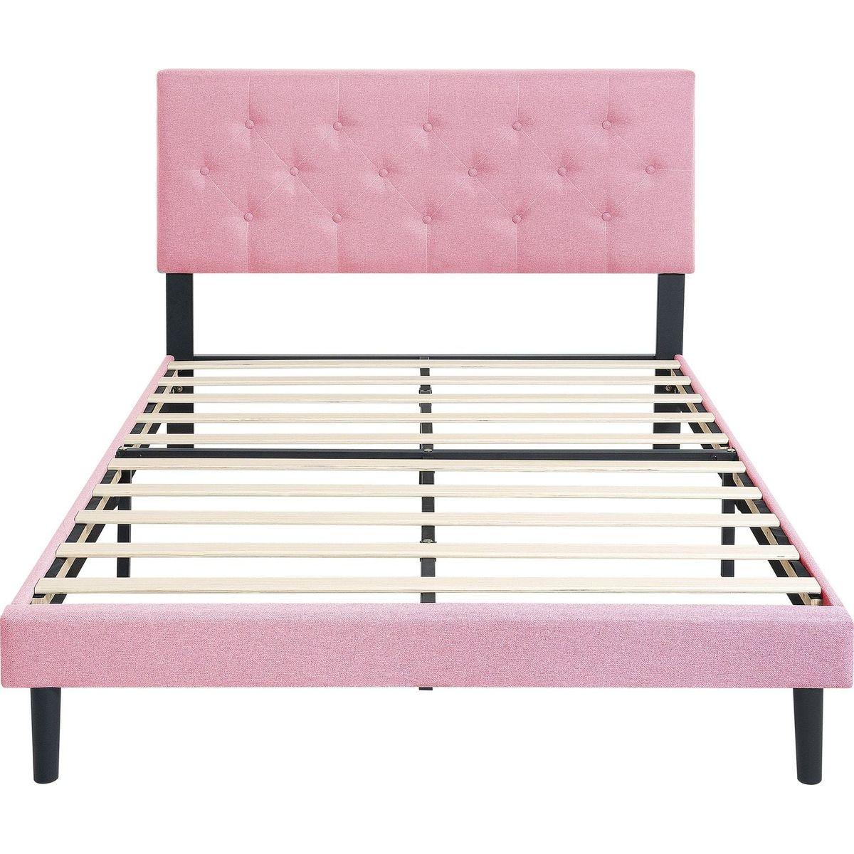 Full Size Upholstered Platform Bed Frame with Modern Button Tufted Linen Fabric Headboard, No Box Spring Needed, Wood Slat Support, Easy Assembly, pink