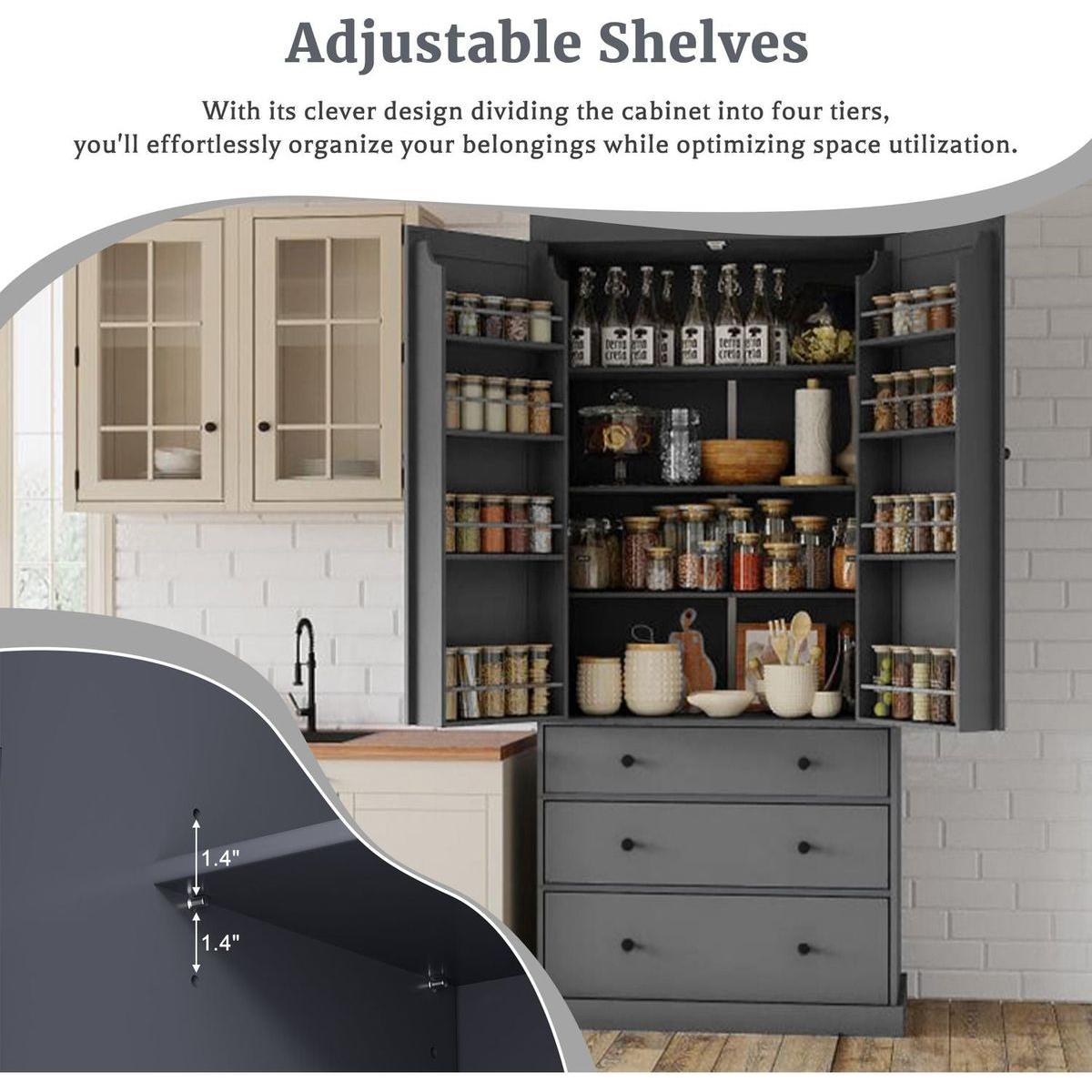 [Assembly Video Provided]77inch Farmhouse Kitchen Pantry, Freestanding Tall Cupboard Storage Cabinet with 3 Adjustable Shelves, 8 Door Shelves, 3 Drawers for Kitchen, Dining Room, Gray